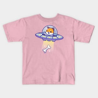 Cute Shiba Inu Catching Bone With Ufo Cartoon Kids T-Shirt